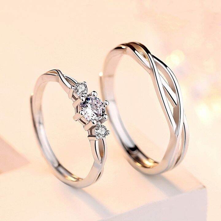 1Pair 925 Silver Couple Ring Crystal Diamond Couple Wedding Adjustable ...