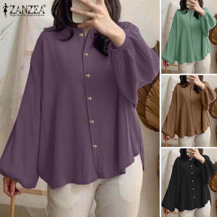 สินค้ามาใหม่-จัดส่งฟรี-fancystyle-zanzea-เสื้อผู้หญิงมุสลิม-เสื้อมีกระดุมด้านหน้าเสื้อปลอกแขนโคมไฟลำลอง