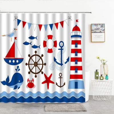 Mediterranean Style Shower Curtains Sailing Conch Photo Frame On Fishing Net In Front Of Blue Wooden Board Bathroom Products