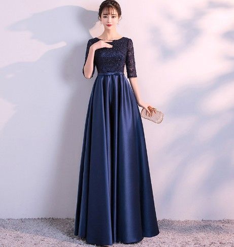 【Taizermind】 LONG FORMAL EVENING DRESSES ELEGANT LACE SATIN NAVY BLUE ...