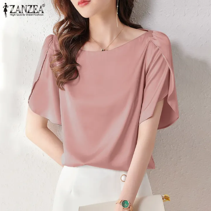 Celmia Zanzea Korean Style Women Business Casual Bud Short Sleeve Blouses Commute Simple Crew 4669