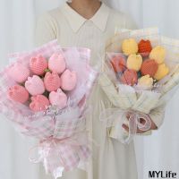 MyLife Store ดอกทิวลิปถักมือ1ชิ้น,ช่อดอกไม้เทียมไหมพรมดอกทิวลิปสำเร็จรูปบ้านดอกไม้ปลอมตกแต่งของขวัญตามเทศกาล