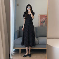 Womens Cherry Pattern Long Dress V Neck Short Sleeve High Waist Slim Style Dress for Summer Prom Holiday FS99