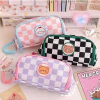 ☊ Checkerboard Kawaii Pencil Case Bags Large Capacity Portable Cute Pen Pouch Korean Stationery School Office Supplies for Student