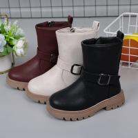 Sepatu Boots Anak Perempuan แฟชั่นสำหรับเด็กหัวเข็มขัดสีทึบกันลื่นจัดส่งรองเท้าบู๊ทลำลองซิปด้านข้างอเนกประสงค์นุ่ม