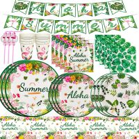 【JIU YU】♧  Hawaii Party Conjunto de Talheres Descartáveis Verão Aloha Flamingo Placas Copos Guardanapos Toalhas De Mesa Tropical Hawaii Party Decor Suprimentos