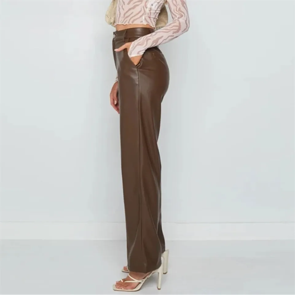 Cherful655 Women Faux Leather Pants Solid Color High Waist Straight Wide Leg  Leggings Slim Fit Trousers with Pockets Vintage Y2K Streetwear
