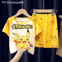 Aolzbiip49h Pikachu ฤดูร้อนแขนสั้นกางเกงขาสั้นการ์ตูนเด็กวัยหัดเดินชุดนอนชุดอะนิเมะรูปเด็กเสื้อผ้าเด็กเสื้อผ้าแฟชั่น