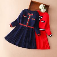 Girls Sweater Dress Long Sleeves Childrens Casual Clothes Round Neck Princess Dress Preppy Style Kids Bow Knitwear