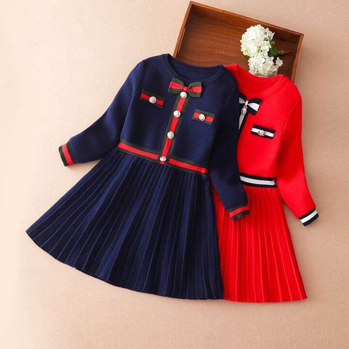 girls-sweater-dress-long-sleeves-childrens-casual-clothes-round-neck-princess-dress-preppy-style-kids-bow-knitwear