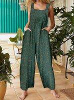 Vintage Pattern Print Jumpsuit Women Baisc Button Romper Summer Sleeveless Floral Pants With Pockets