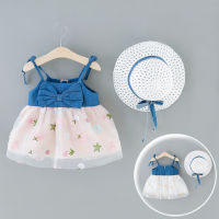 Holiday 0-2Y Kids Girls Cute Dress Denim Bow Sleeveless Stars Print Princess Dress Bling Tulle Sundress+Sun Hat 2pcs Outfits