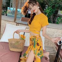 【CW】Women S 3Pieces Printed Swimsuit Cover Ups Beach Outfits Crop Top Lace Up Skirt Dress And Shorts Set ชุดว่ายน้ำ