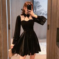 Vintage Female Stand Collar Lantern Sleeve Sequins Velvet with Mesh A-line Dresses Womens Beading Elegant Dress Winter 2021 New