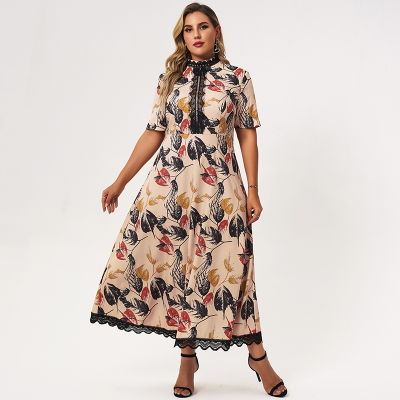 2022 New Summer Midi Dress Women Plus Size Pink Loose Leaf Print Lace Patchwork Short Sleeve Large Holiday Style Elegant Robes