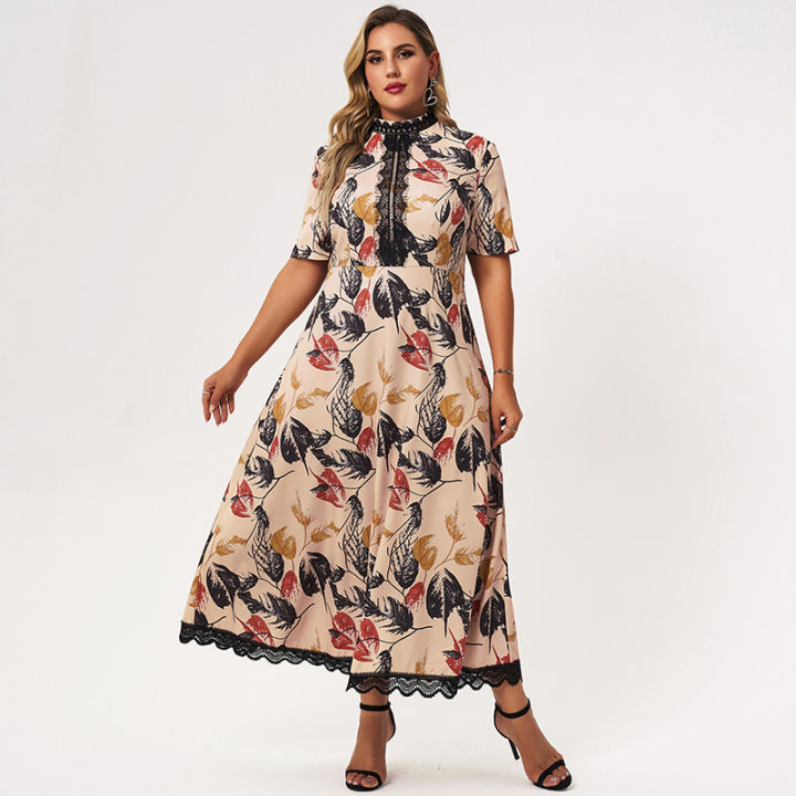 2022-new-summer-midi-dress-women-plus-size-pink-loose-leaf-print-lace-patchwork-short-sleeve-large-holiday-style-elegant-robes