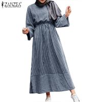 （A Simple）ﺴ✺ ZANZEA Women Long Sleeved Striped Printed Drawstring Waist Dress