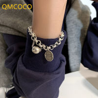 QMCOCO 925 Silver Bracelet Trendy Rock Punk Vintage Creative English Good Luck Thick Chain Tassel Beads Party Fine Jewelry Gifts