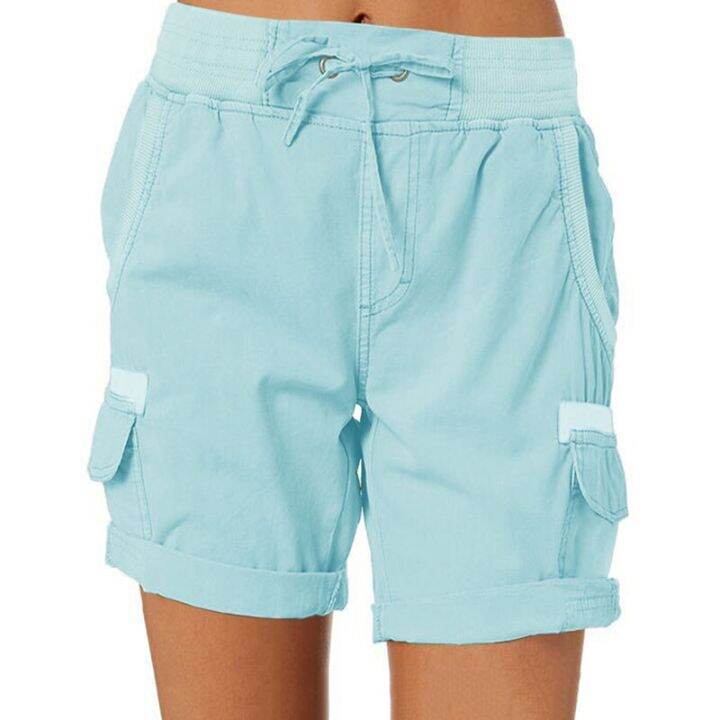 women-shorts-cargo-short-pants-cotton-linen-pants-pocket-elastic-waist-summer-women-beach-solid-color-sliming-comfot-breathable