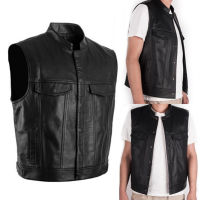 ร้อน, ร้อน★Ishara Stand Collar Sleeveless Men Waistcoat Faux Leather Buttons Closure Pockets Motorcycle Jacket Vest Male Clothes