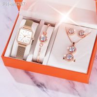 Fashion 5 sets Lover watches Square Women 39;s wristwatch Bracelet Necklace Combination Stainless Watches Gift Optimal Ladies Watch