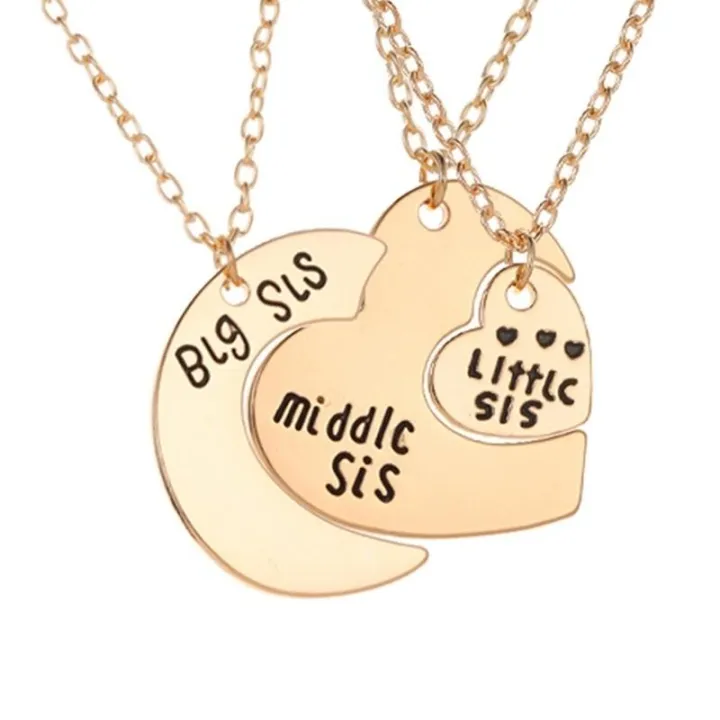 3 Pcs/Set Best Friends Bff Silver Gold Necklace For Big Sister Sis Middle Sister Sis Little Sister Heart Moon Charm Pendant Necklace Family Jewelry