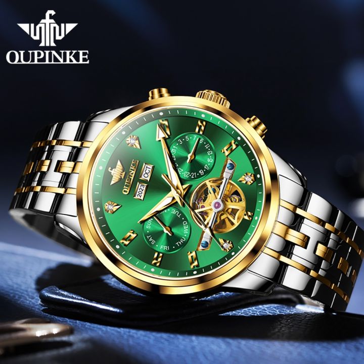 นาฬิกาผู้ชายที่ได้รับการรับรองจากสวิส-oupinke-เป็นทางการสุดหรูอัตโนมัติกระจกแซฟไฟร์-tourbillon-ปฏิทินถาวรแบบกลไกดั้งเดิม