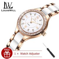 ๑○❇ LouisWill Women Watches Diamond Casuals Fashion Ceramic Strap Watches Quartz Watches Round Dial Watches 3ATM Waterproof Watches Business Wristwatch for Women Ladies