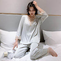 Daeyard Sexy Lace Trimmed Pajama Set For Women Spring Summer Long Sleeve Silk Pyjamas Soft Sleepwear Casual Homewear 2Pcs Pijama