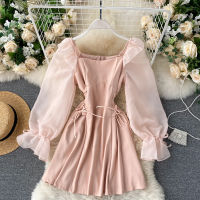 【Ready Stock】INS r dress French square neck mesh stitching puff sleeve drawstring waist thin princess dress