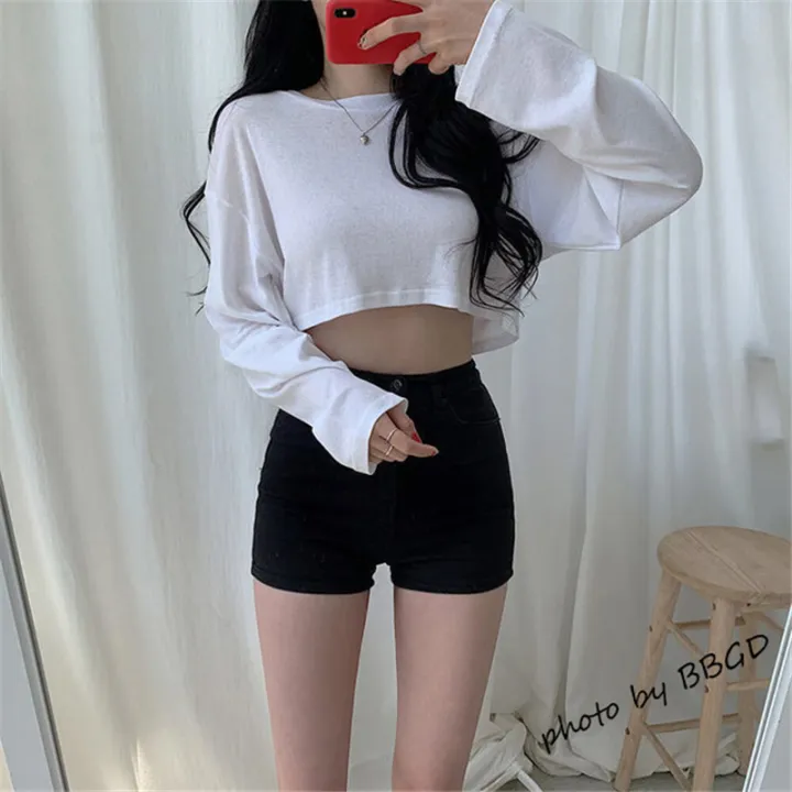 BS Women Long-sleeved Shirt Autumn Simple Crop Top Short Pure Color Thin  Shirt | Lazada Singapore