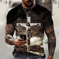 เสื้อสเวตเตอร์ถักฤดูร้อนสำหรับผู้ชาย God Religion Christ Jesus Cross 3D Printing Hip Hop แขนสั้นพอดีหลวม Street Wear บวกขนาดเสื้อวินเทจ XS-5XL