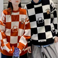 Deeptown Kawaii Bear Print Plaid Oversize Black Sweater Women Korean Style Harajuku Cute Couple Jumper Female Pullover Blue Tops