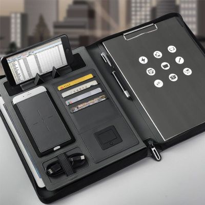 Business Document Bag A4 File Holder For Ipad Holder Zipper Notepad Porfolio With 5000 mAH Wiereless Charging Power Bank Inside