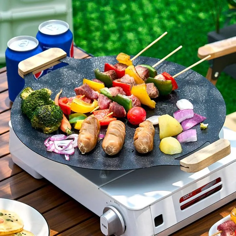 BBQ Griddle Pan Griddle Grill Pan with Wooden Handle Portable Stove Top  Griddle Nonstick Round Flat Grill Pan Indoor Stovetop BBQ Outdoor Camping  gifts Lazada PH