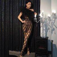 Sexy Black Transparent Mesh Single Shoulder Long Dress Evening Women Dancer Show Costume Birthday Prom Club Photography Dress