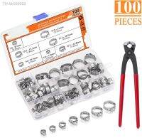 ₪ 100 Pieces 6-21mm 304 Stainless Steel Single Ear Stepless Hose Clamps With Pincers Kit