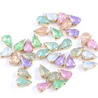 8x13mm Teardrop Opal Crystal Green Resin Sew On Rhinestones With Gold Claw Sewing Stones for Clothing Shoes