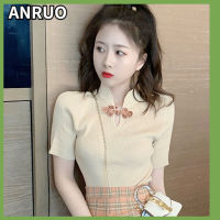 ANRUO เสื้อถักแขนสั้นเข้ารูปของผู้หญิง,เสื้อถักแขนสั้นสไตล์จีนหัวเข็มขัดย้อนยุคใหม่ฤดูร้อน2023