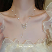 New Arrive Korean Elegant Butterfly Tassel Necklace Pearl Beads Zircon Gold Plated Necklace For Women Fashion Pendant Collares Jewelry Gifts Clavicle Chain