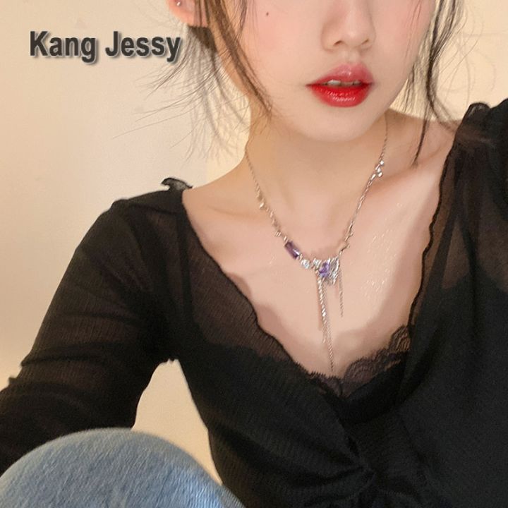 kang-jessy-สร้อยคอพู่หัวใจสาวฮอตสำหรับฤดูร้อนสำหรับผู้หญิงการออกแบบระดับไฮเอนด์ที่มีเอกลักษณ์เฉพาะสายรัดกระดูกไหปลาร้าสีม่วงสไตล์เย็นหวาน