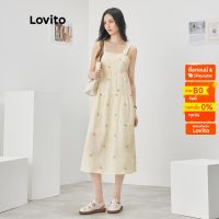 Lovito เดรสลพลอง ลายดอกไม้ ผ้าฝ้าย สำหรับสตรีL52AD074 (ออฟไวท์)