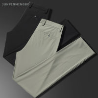 JUNPINMINGBO กางเกงสำหรับผู้ชายฤดูร้อนบางวัยรุ่นลำลองไอซ์ซิลค์เย็น,กางเกงทรงกระบอกตรงยางยืดขายาวขนาดใหญ่รู้สึกไม่รีด