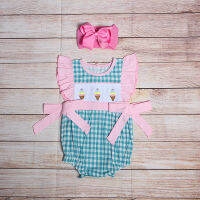 Summer Girls Clothes Blue Plaid Pink Bow Sleeveless Three Ice Cream Embroidery Patterns Toddler Baby Rompers