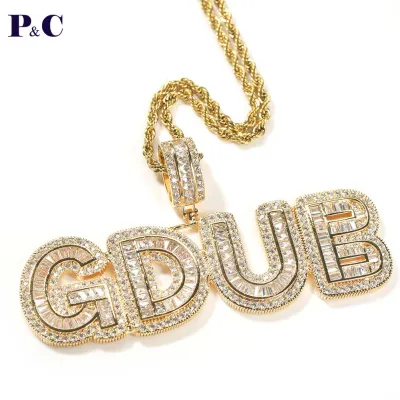 Custom Charm Iced Cubic Zircon Big Baguette Initial Letters Pendant Necklace Words With 4mm CZ Tennis Chain Jewelry