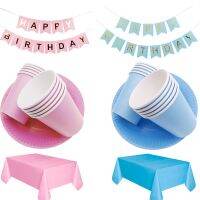 【CW】 Blue Pink Plate cup Straw Solid color tablecloth birthday party home decoration Disposable tableware baby shower party supplies