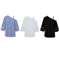 【CW】 Mesh Panel 3/4 Flared Sleeve Blouse Metal Buckle Cold Shoulder Shirts