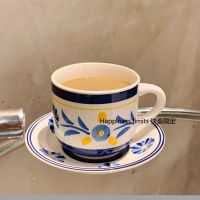 High-end Blue hand-painted retro niche ceramic coffee cup and saucer small flower flower mug Korean style posing cup and saucer restaurant