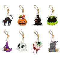 【LZ】卐卍  Árvore de Halloween ornamentos pendurados abóbora fantasma bruxa chapéu sinal de suspensão com corda decoração tag do presente 8pcs