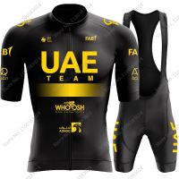 Black UAE Team 2023 Golden Cycling Jersey Set Short Sleeve Mens Clothing Road Bike Shirts Suit Bicycle Bib Shorts MTB Maillot